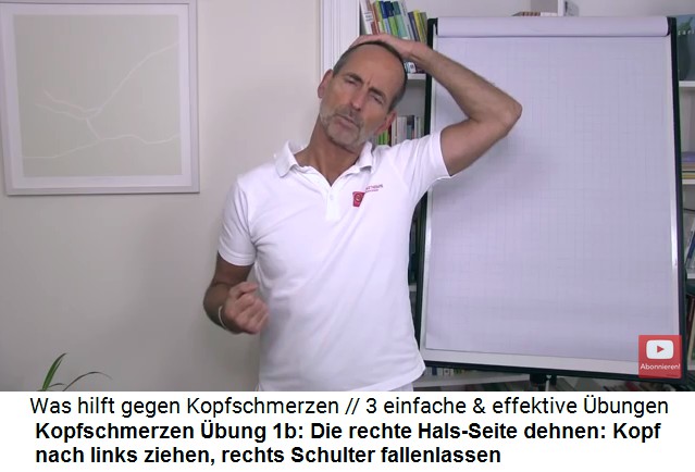 Kopfschmerzen Video 2
                      �bung 1b: Die rechte Hals-Seite dehnen: Sch�del
                      nach links ziehen, rechte Schulter fallenlassen