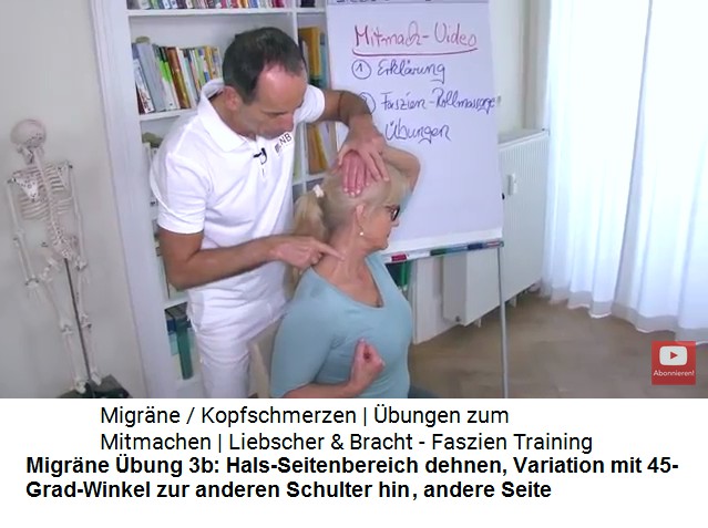 Migr�ne �bung 3b: Weitere
                    Muskeln an der Seite am Hals werden gedehnt:
                    Schulter fallenlassen, Faust zur Schulter ziehen,
                    Kopf 45 Grad in Richtung der anderen Schulter
                    drehen, mit der anderen Hand den Kopf am Oberkopf
                    zur einer Seite ziehen - andere Seite