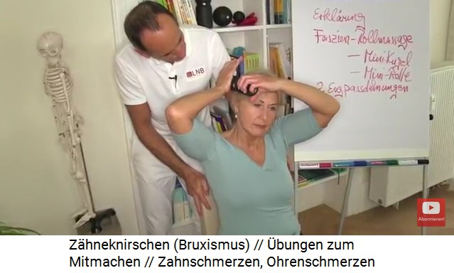 Massage 2 gegen Bruxismus
                    und Ohrenschmerzen: Die kleine Massagerolle wird
                    langsam seitlich am Kopf von oben ber die Schlfe
                    hinabgerollt