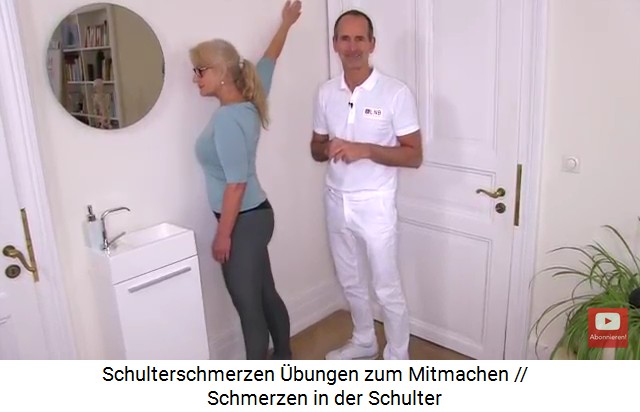 �bung 3 gegen
                    Schulterschmerzen: Schulterdehnung nach aussen an
                    einer Wand mit dem Arm 45 Grad nach oben gestreckt
                    (45-Grad-Winkel)