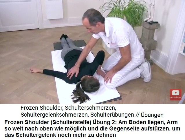 Frozen
                    Shoulder (Schultersteife) �bung 2: Auf dem Bauch
                    liegend, den Arm nach oben strecken so weit es geht
                    und dann die Gegenseite anheben (aufst�tzen), um das
                    Schultergelenk noch mehr zu dehnen