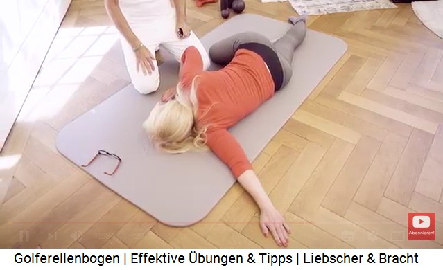 �bung 3 f�r den
                      Ellenbogen: Dehnung des Oberarms in der Bauchlage,
                      der betroffene Arm wird im 45-Grad-Winkel
                      ausgestreckt, das rechte Bein wird angewinkelt und
                      der Rumpf wird schrittweise immer mehr angehoben