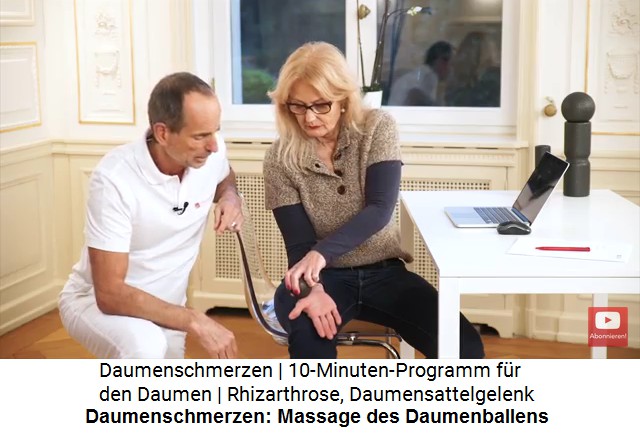 Daumemschmerzen heilen:
                  Massage mit der kleinen Massagekugel am Daumenballen
                  und rund um den Daumenballen