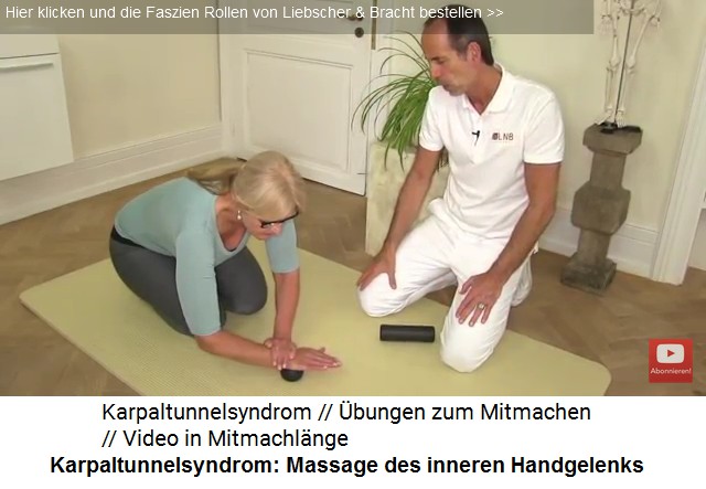 Massage 1b gegen Karpaltunnelsyndrom:
                      Massage der Unterarm-Innenseite auf einem kleinen
                      Gymnastikball, die andere Hand gibt noch Druck
                      oben drauf