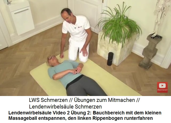 Bauchbereich entspannen: Der kleine
                  Massageball macht eine Tour: Den anderen Rippenbogen
                  runter - dem Darmbein entlang bis zum Schambein