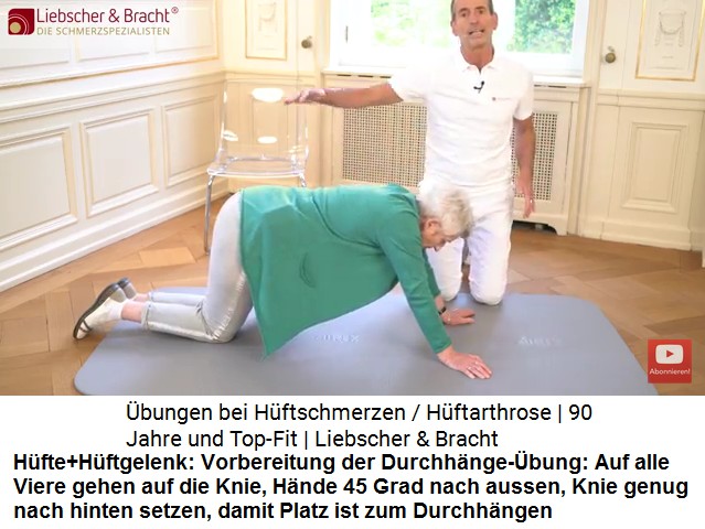 H�fte+H�ftgelenk �bung
                      2-1: Vorbereitung der Durchh�nge-�bung: Auf alle
                      Viere gehen auf die Knie, H�nde 45 Grad nach
                      aussen drehen, Knie genug nach hinten setzen,
                      damit Platz ist zum Durchh�ngen