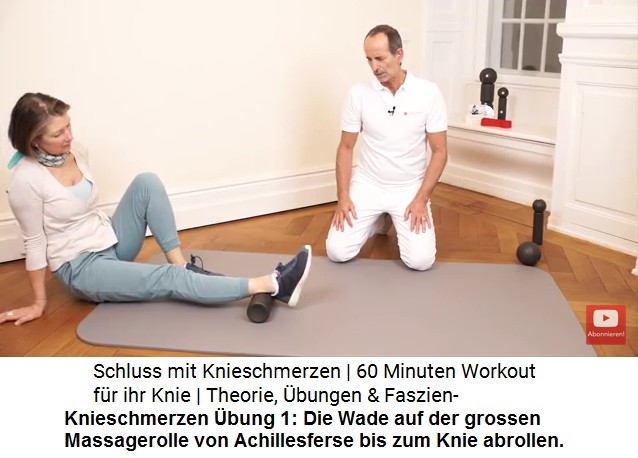 Massage 1: Die
                        Achillesferse auf die grosse Massagerolle
                        aufsetzen und die Wade auf der grossen
                        Massagerolle abrollen