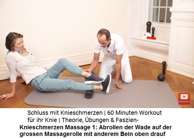 Massage 1: Die Achillesferse auf die grosse
                        Massagerolle aufsetzen und die Wade auf der
                        grossen Massagerolle abrollen, ev. mit dem
                        anderen Bein oben drauf fr noch mehr Druck