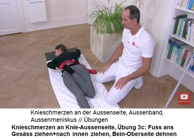 Knieschmerzen an der
                          Knie-Aussenseite, �bung 3a: B�uchlings den
                          Fuss nach innen ziehen, so werden weitere
                          Teile der Oberschenkel-Oberseite gedehnt und
                          weitere Zugpunkte und Schmerzpunkte gefunden