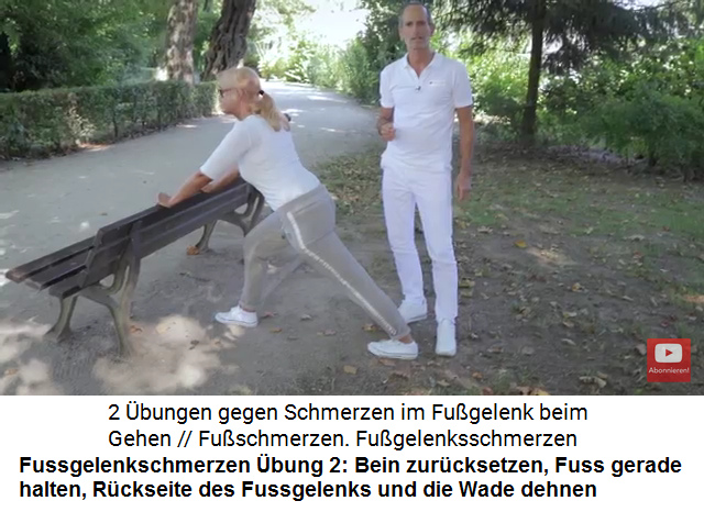Fussgelenkschmerzen
                      �bung 2: Dehnung der R�ckseite des Fussgelenks und
                      der Wade: Das Bein ist nach hinten versetzt, der
                      Fuss muss gerade gestellt und die Ferse am Boden
                      sein, dann wird das andere Knie langsam
                      vorgeschoben und abgesenkt, um die Spannung zu
                      erh�hen