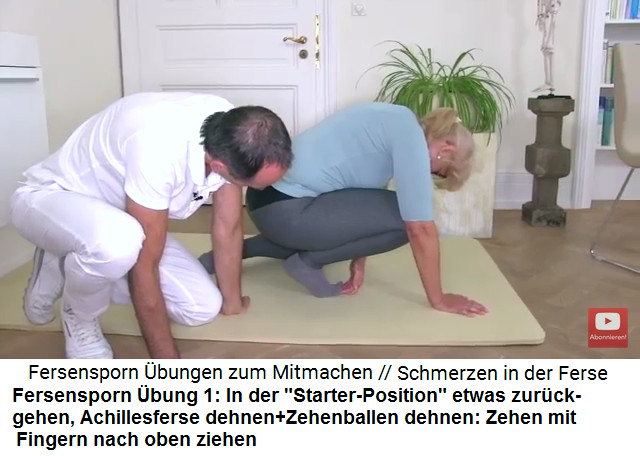 Fersensporn �bung 1: In
                      der "Starter-Position" etwas
                      zur�ckkommen, so wird auch die Achillesferse etwas
                      gedehnt, und die Zehen werden mit den Fingern
                      hochgehoben, um die Zehenballen in einer starken
                      Dehnung zu behalten