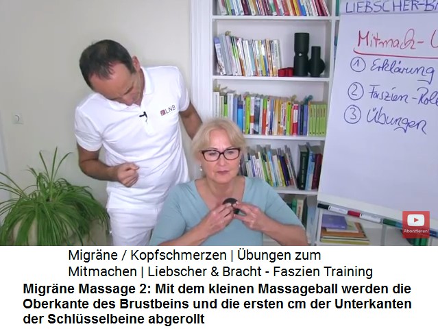 Migr�ne Massage 2: Mit dem
                  kleinen Massageball werden die Oberkante des
                  Brustbeins und die ersten cm der Unterkanten der
                  Schl�sselbeine abgerollt, bei Schmerzpunkten wird
                  kreisartig spiralf�rmig massiert