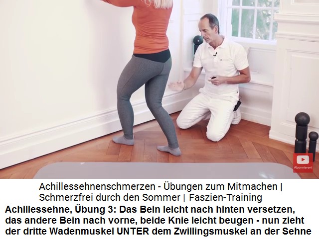 Achillessehne �bung
                              3: Beide Knie angewinkelt an der Wand, der
                              dritte Wadenmuskel unter den
                              Zwillings-Wadenmuskeln zieht an der
                              Achillessehne
