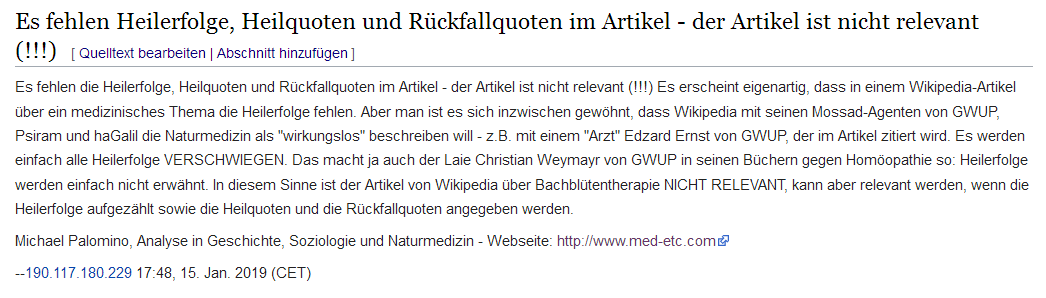 Der Artikel von
                      Mossad-Wikipedia �ber Bachbl�ten ist nicht
                      relevant, solange Heilerfolge, Heilquoten und
                      R�ckfallquoten verschwiegen werden