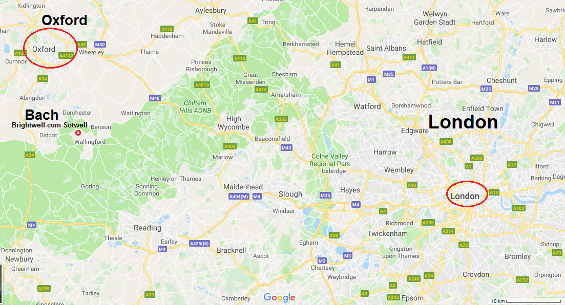 Karte mit London, Oxford und Sotwell,
              Ort des Bach-Zentrums