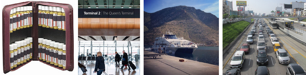 Die homopathische
                                Reiseapotheke: Flugreise (London
                                Heathrow), Schiffsreise (Santorini in
                                Griechenland), Autoreise (Lima im Stau)