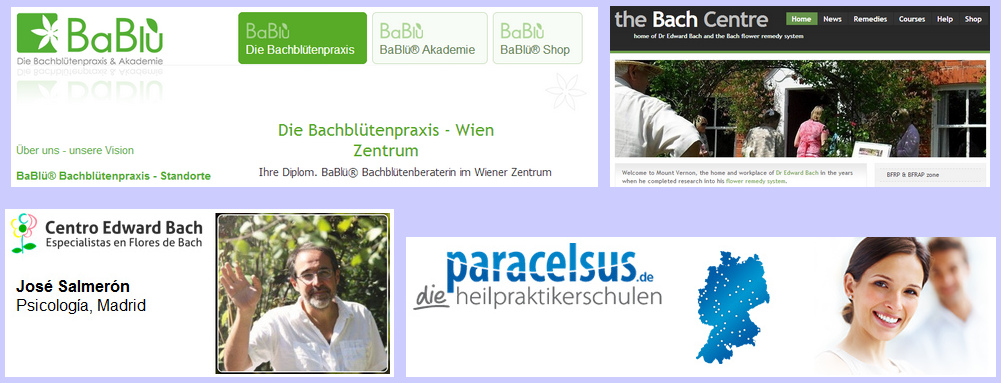 Bachbl�ten: Heilungen, Zentren,
                                Schulungen, zum Beispiel: BaBlu in
                                �sterreich, das Bach Centre in England,
                                das Centro Edward Bach in Madrid, die
                                Paracelsus-Heilpraktikerschulen mit
                                Bachbl�ten in Deutschland und der CH