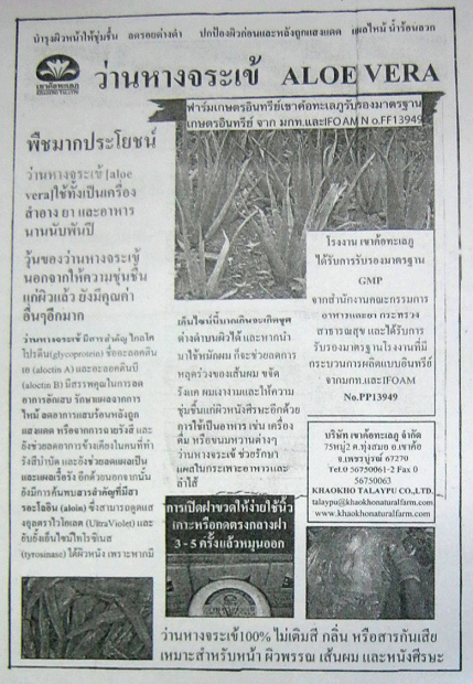 Beipackzettel zur Wirkung von Aloe Vera,
                          Thailand 2013