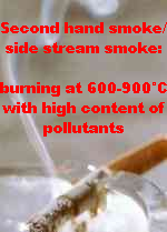 Cigarette with second
                            hand smoke (side stream smoke): burning at
                            600-900C with high content of pollutants
