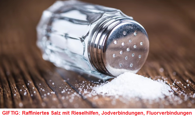 Giftiges, raffiniertes Salz
                  aus dem Salzstreuer mit Rieselhilfen, Jodverbindungen
                  und Fluorverbindungen