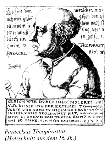 Paracelsus, Profil und Spr�che, Holzschnitt
                        16. Jh.