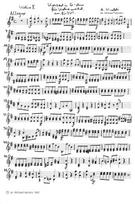 Vivaldi: concerto for violin G major,
first part (Allegro), violin tutti part (page
1) Vivaldi: concerto for violin G major, first
part (Allegro), violin tutti part (page 1)