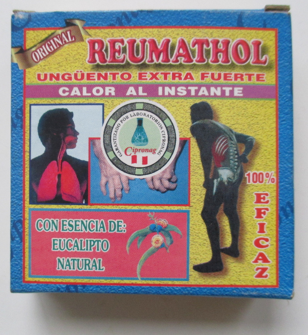 Anti-Rheumasalbe
                    mit Eukalyptus, die Verpackung (Produkt aus Peru)