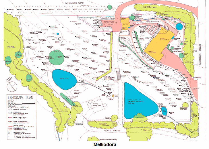Die
                  Permakultur-Gartenstudienanlage Melliodora (Melliadora
                  Gardens) von David Holmgren und Su Dennett in Hepburn
                  Springs (Australien), der Plan