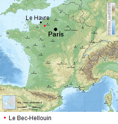 Map of France with Le
                  Bec-Hellouin between Paris and Le Havre