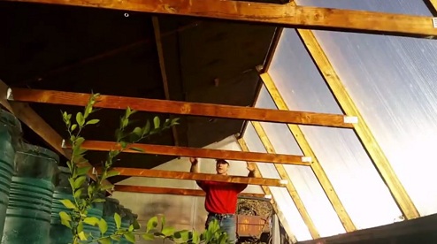 Die Dachkonstruktion im Winter: Die
                                Nordseite ist komplett schwarz