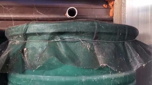 Wasserf�sser werden mit
                                Regenwasser gef�llt, und auf den F�ssern
                                ist ein Tuch als Filter angebracht -
                                Zoom