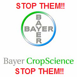 Das
                    Logo der Giftfirma Bayer CropScience mit dem Aufruf:
                    Stopp sie (Stop them!!)