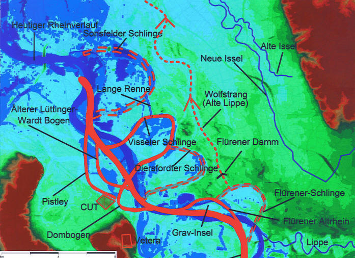 Lower Rhine (NRW, Germany) with the
canalized Rhine, old meanders are painted in
red and marked as “loops”
("Schlinge") Lower Rhine
(NRW, Germany) with the canalized Rhine, old
meanders are painted in red and marked as
“loops” ("Schlinge")