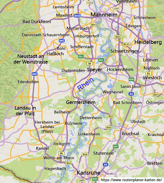 Map of the Rhine River between Karlsruhe and
Mannheim with rests of the original loops +
meanders Map of the Rhine River between
Karlsruhe and Mannheim with rests of the original
loops + meanders