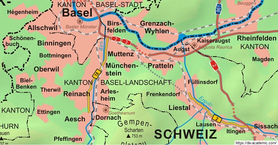 Map of the raped
                    rivers Birs and Ergolz in the canton of Basel
                    Country: straightened, canalized and raped with
                    motorways