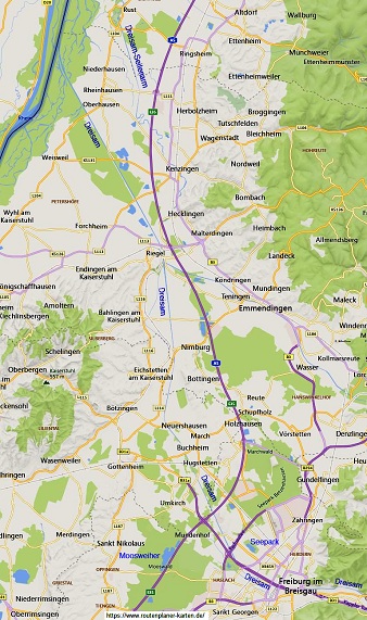 Map with the raped river Dreisam between
                    Freiburg im Breisgau and the mouth of the Rhine -
                    raped in Freiburg with the motorway on both sides