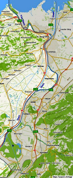Map with the raped Rhine between Feldkirch
and the mouth of Lake Constance - raped with
motorway Map with the raped Rhine between
Feldkirch and the mouth of Lake Constance - raped
with motorway