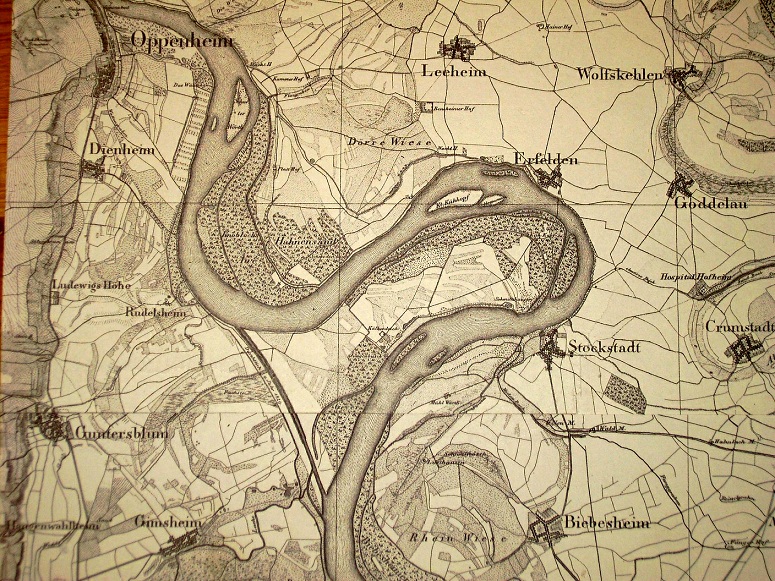 River loops are "shortened" and
"silted up" with a small canal, for
example the map with Cowhead Island (Kühkopf-Insel)
in Ehrfelden and Stocktadt River loops are
"shortened" and "silted up" with
a small canal, for example the map with Cowhead
Island (Kühkopf-Insel) in Ehrfelden and Stocktadt