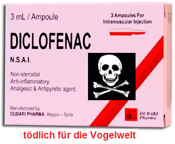 Eine
                Schachtel "Diclofenac", ein
                "Entz�ndungshemmer" [1]. Das Fleisch wird
                vergiftet, und Geier, die die Rinder fressen, sterben
                dann an Nierenversagen