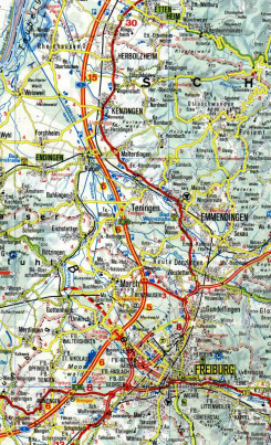die Karte der vergewaltigten Dreisam mit Autobahn
                in Freiburg i.Br., und der vergewaltigte, kerzengerade
                Unterlauf