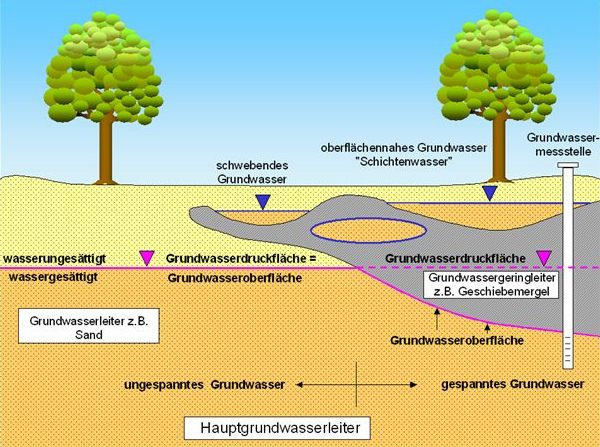 Schema 9: Schwebendes Grundwasser
                            und oberflchennahes Grundwasser
                            ("Schichtenwasser")