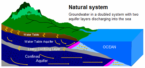 Schema Salzwasser
                              mit Grundwasser 10 mit doppeltem
                              Grundwasserspiegel, die beide in den Ozean
                              entwssern