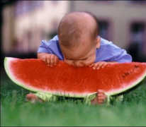 Baby mit Melone, schlaues Baby