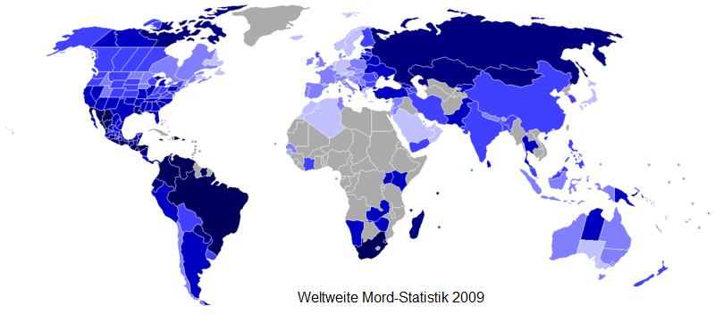 Karte von
                        Wikipedia ber Hufigkeit von Morden weltweit im
                        Jahre 2009
