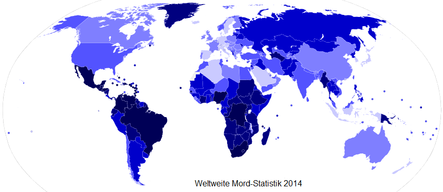 Karte
                        von Wikipedia ber Hufigkeit von Morden
                        weltweit im Jahre 2014. Ttungsdelikte pro Jahr
                        und 100.000 Einwohner