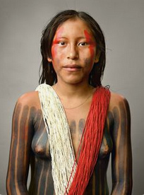 Woman topless in Amazon jungle, Kayapo natives