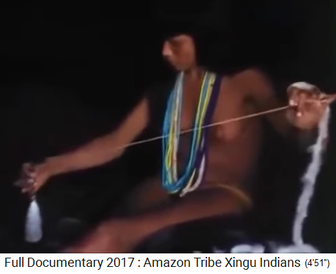 Woman topless, Xingu native woman in the Amazon wild forest spinning cotton