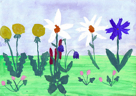 Dibujo de un nio con flores