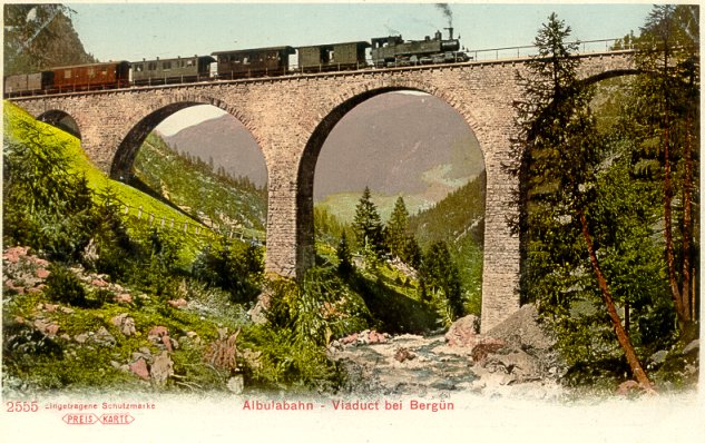 Stable viaduct
                  constructed with stones at Berguen (Switzerland,
                  second Albula viaduct) with a train with a steam
                  locomotive: Such structures from before the concrete
                  times are not destroyed holding for centuries!