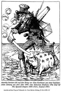 Karikatur: Der gierige
                              "Amerikaner" greift an - im
                              Namen der Börse und der Bilanzen. Zuerst
                              wurden alle Indianer vernichtet, jetzt
                              sind andere "dran".